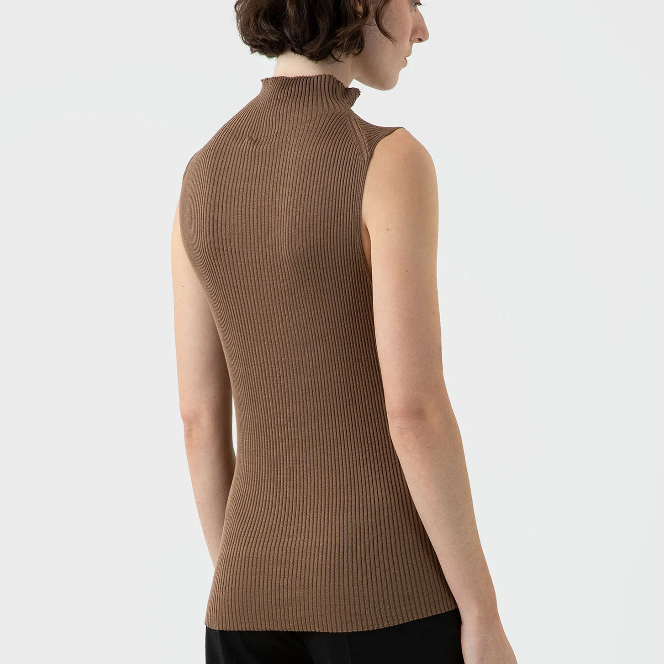 Sunspel Womens Mulberry Silk Rib Vest Jumper Dark Sand - pam pam