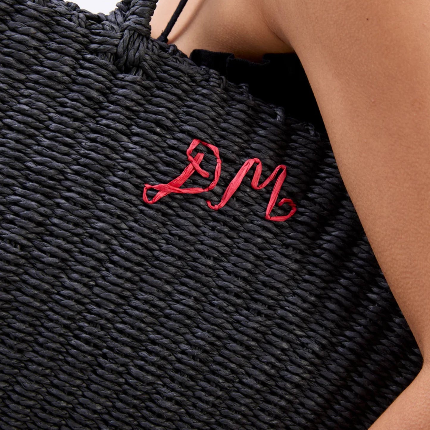 Damson Madder Straw Market Bag With Logo Black - pam pam