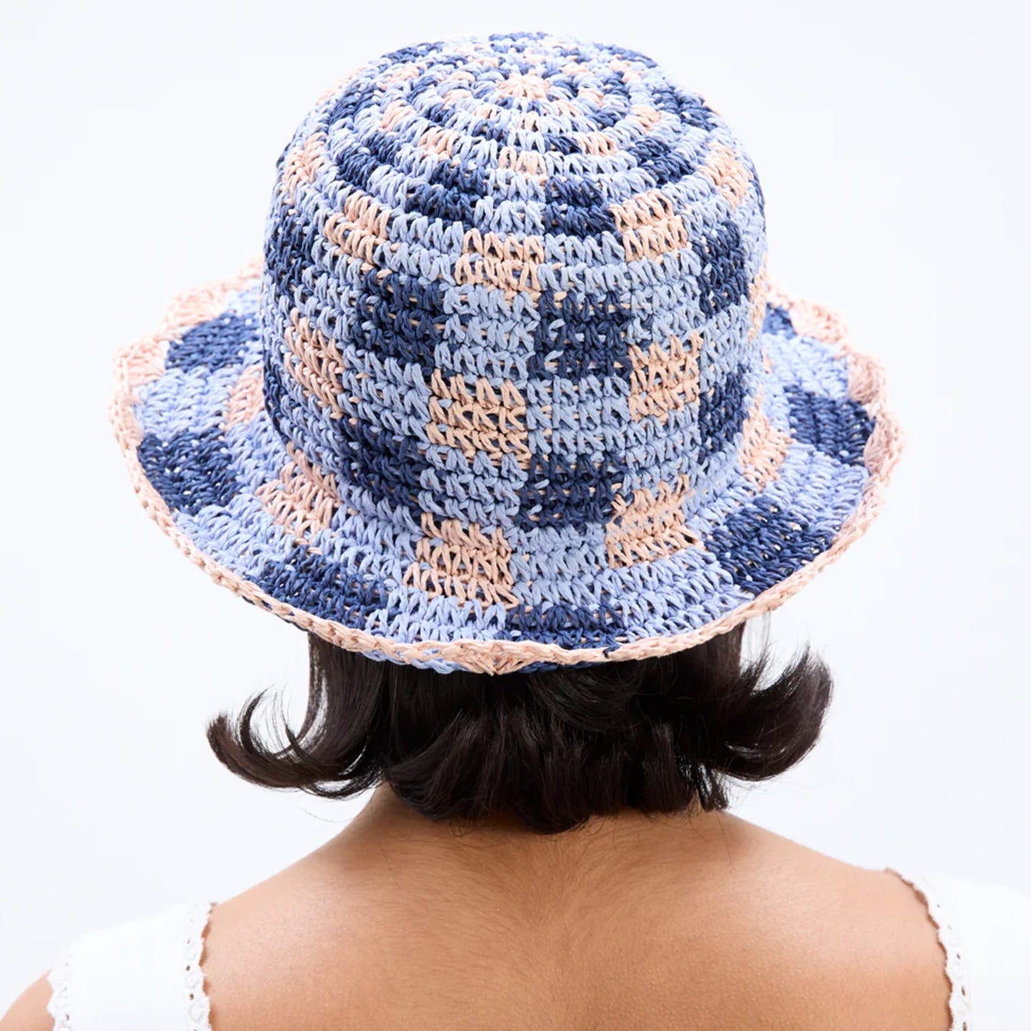 Damson Madder Gingham Straw Bucket Hat Navy & Pale Pink - pam pam