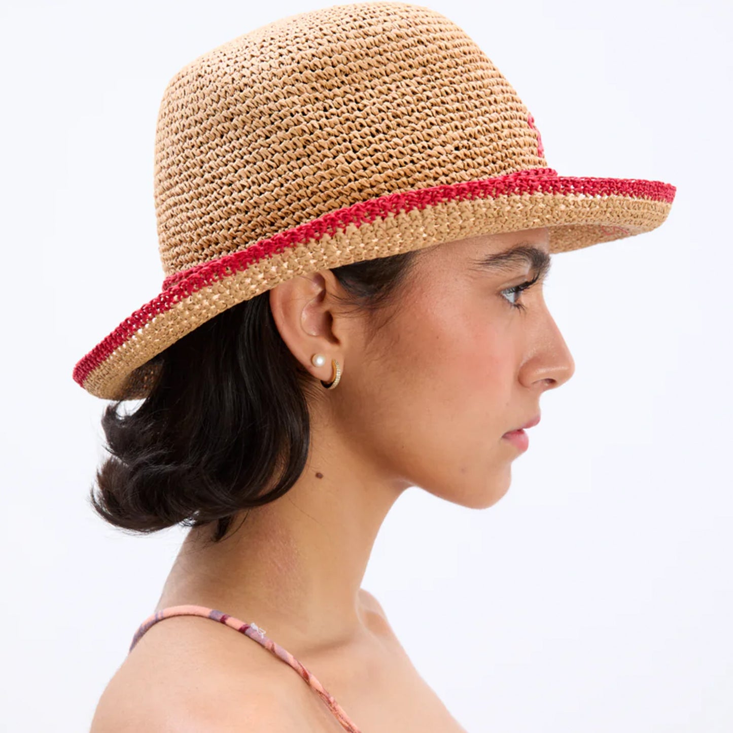 Damson Madder Roll Back Raffia Hat With Red Bow Detail Brown - pam pam