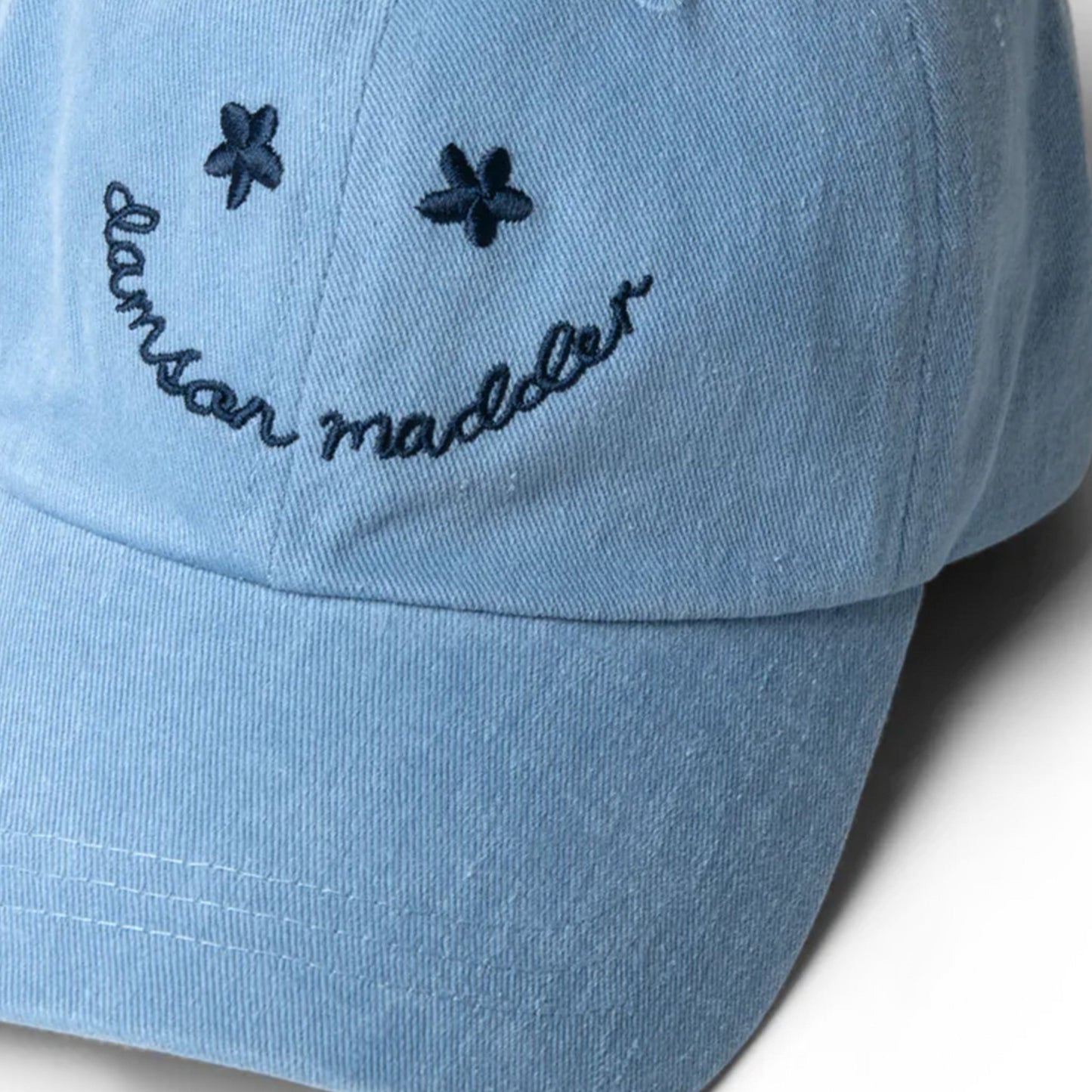 Damson Madder Washed Smiley Cap Blue With Navy Embroidery - pam pam