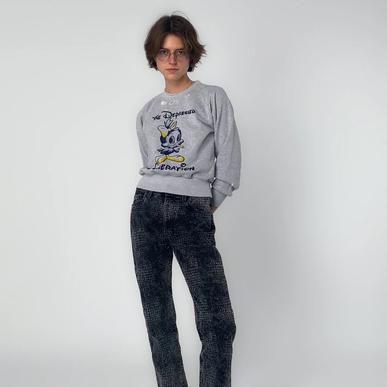 Aries Womens Destroyed Weedie Pie Raglan Sweat Light Grey Marl - pam pam