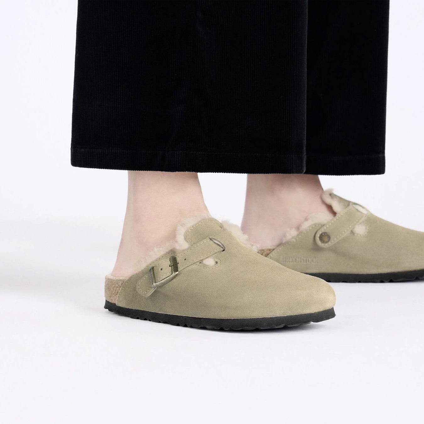 Birkenstock Womens Boston Shearling Suede Leather Narrow Fit Taupe - pam pam