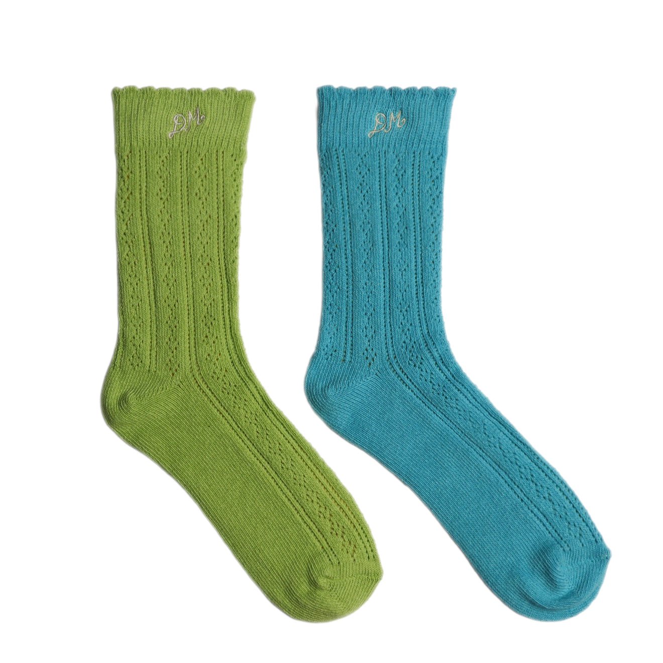 Damson Madder Calf Length 2 Pack Pointelle Socks Celery & Aqua