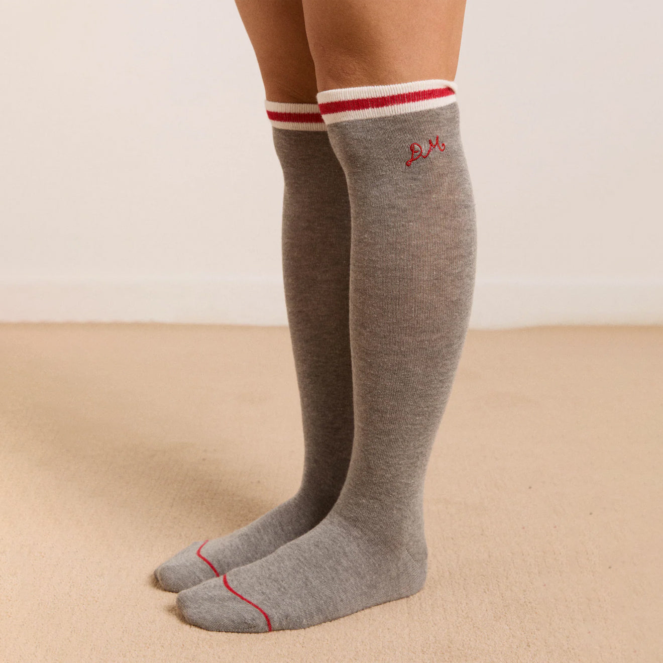 Damson Madder High Knee Socks Grey Marl With Red Stripe - pam pam