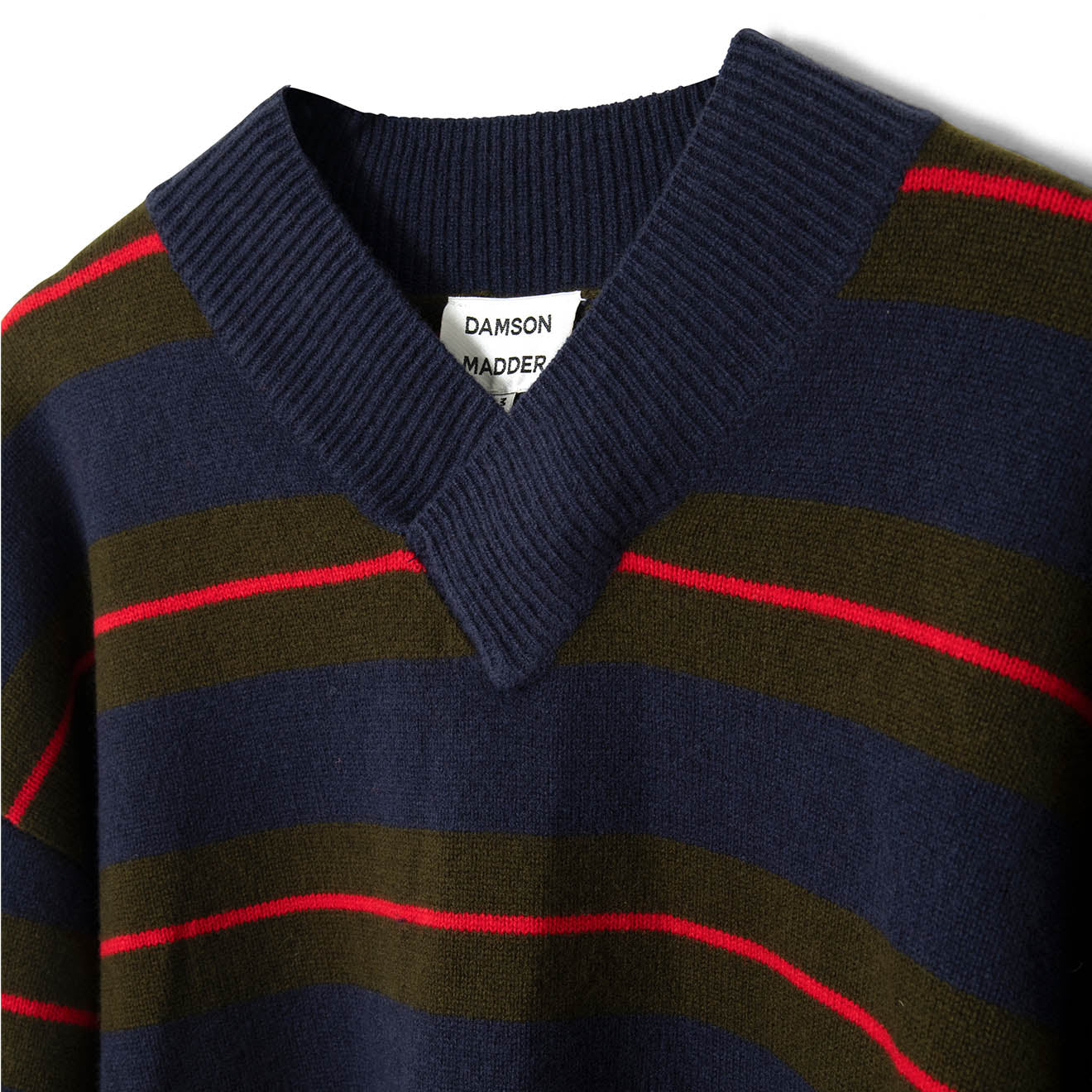 Damson Madder Odette V Neck Jumper Olive / Navy Stripe - pam pam