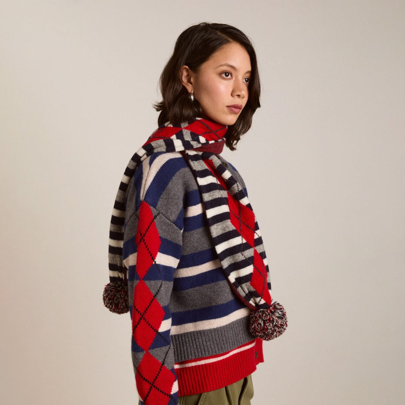Damson Madder Pom Pom Scarf Argyle Stripe - pam pam