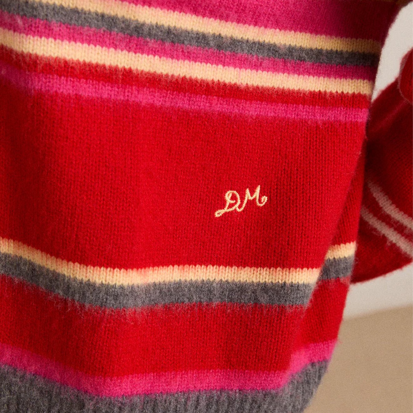 Damson Madder Rene Merino Wool V Jumper Pink / Red Stripe - pam pam