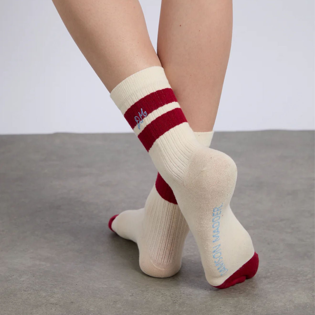 Damson Madder Sporty Calf Length Socks Cream With Red Stripe - pam pam