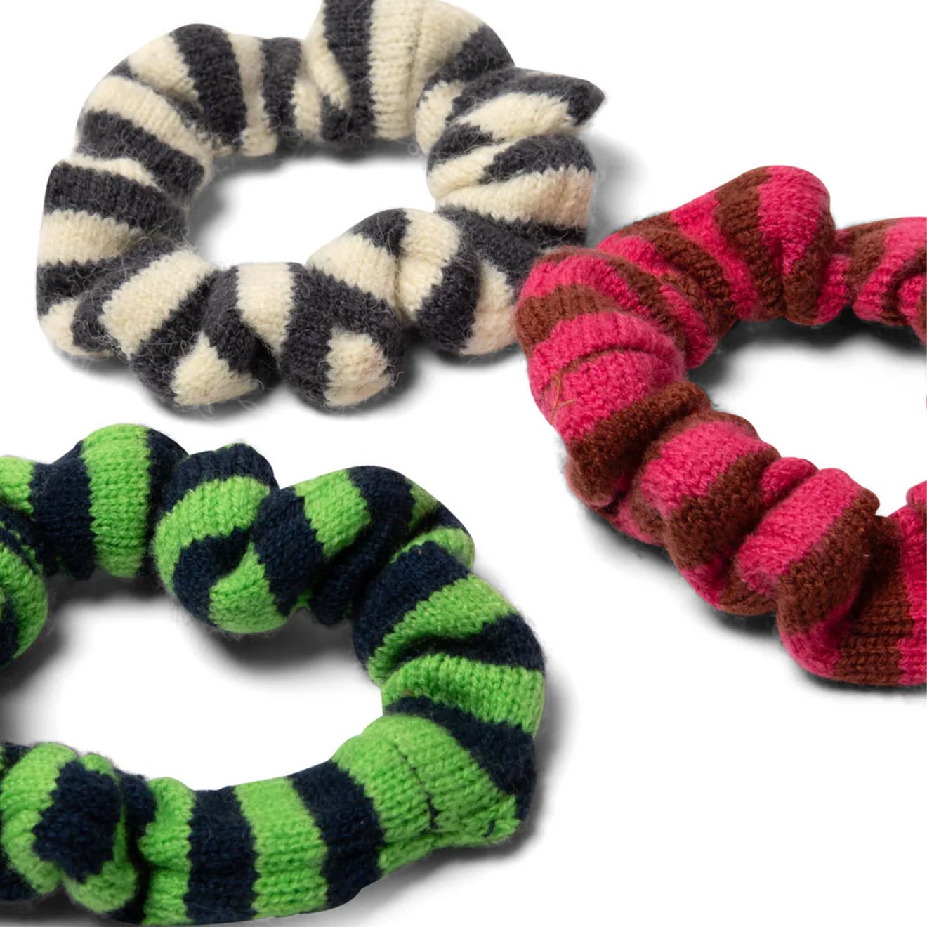 Damson Madder Stripe Knitted Scrunchies 3 Pack Red Green Cream - pam pam