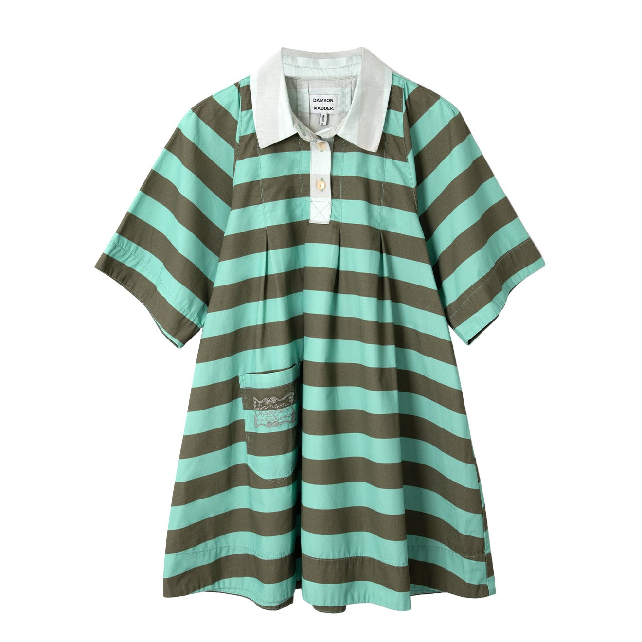 Damson Madder - Maggie Mini Polo Dress - Aqua Olive Stripe - Size 12 Damson Madder - Maggie Mini Polo Dress - Aqua Olive Stripe - Size 12