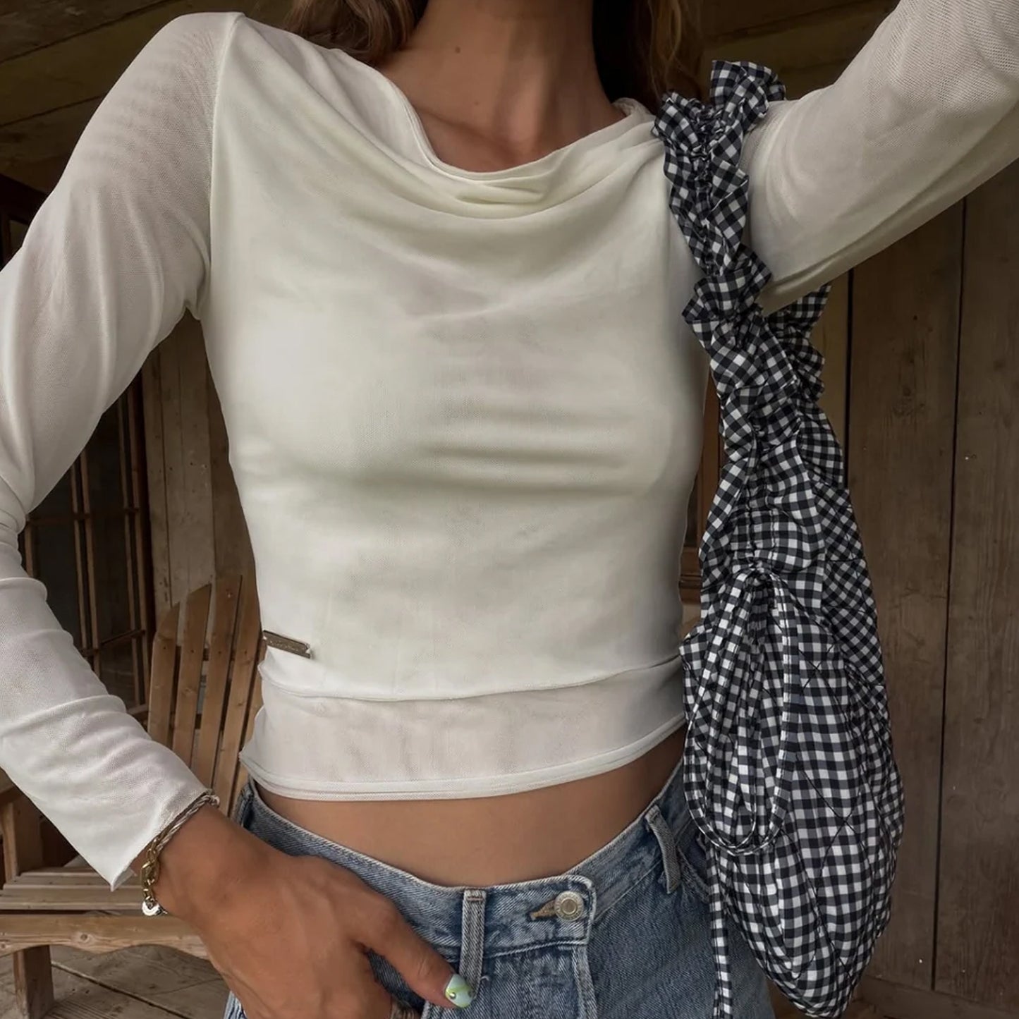 House of Sunny Womens Double Layer L/S Mesh Top Vintage White