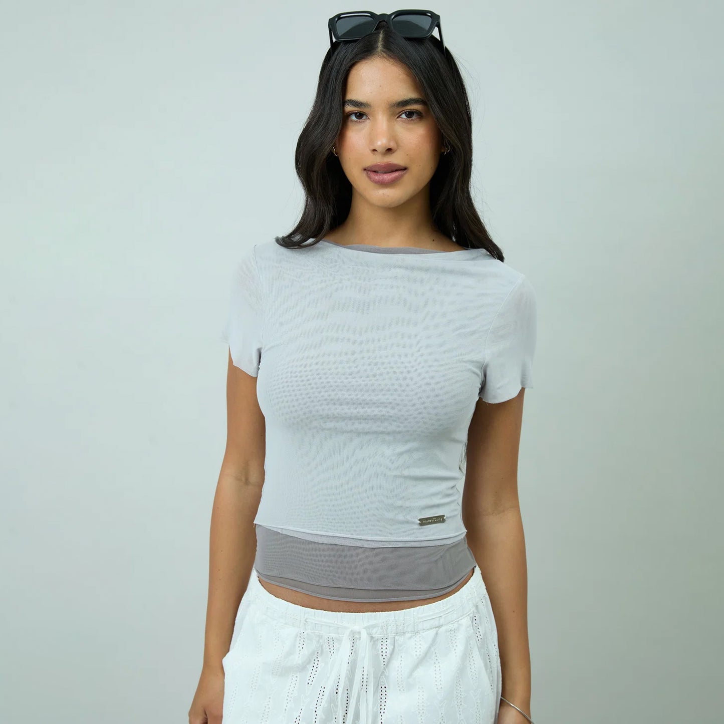 House of Sunny Womens Double Layer Mesh Top Pale Grey