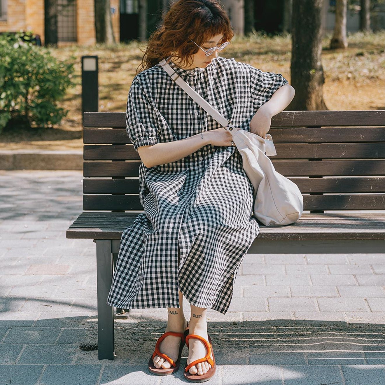 Kappy Womens Gingham Check Linen Dress Black - pam pam