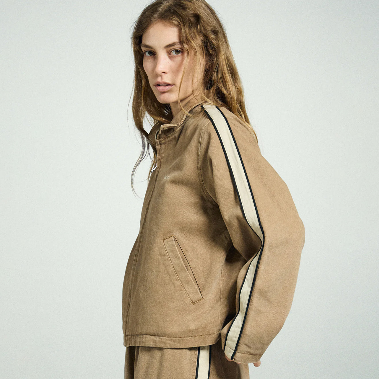 Obey Womens Astrid Stripe Jacket Tan Faded Wash - pam pam