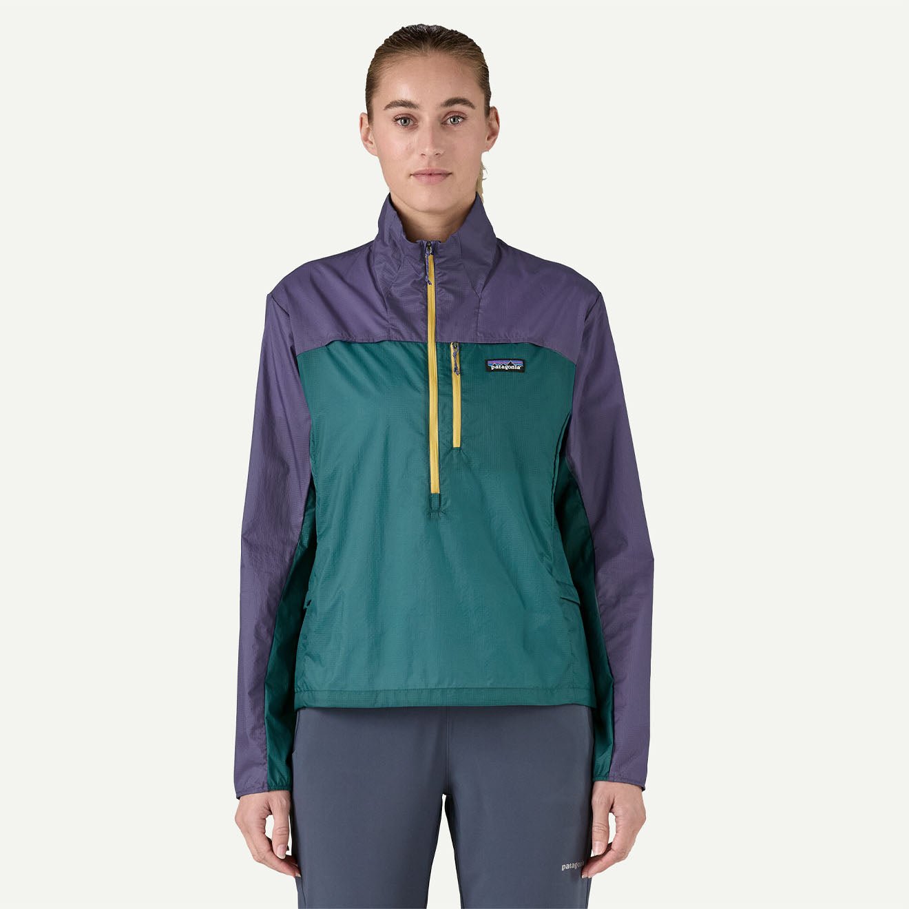 Patagonia Womens Houdini Stash 1/2 Zip Pullover Wetland Blue / Solstice Purple - pam pam
