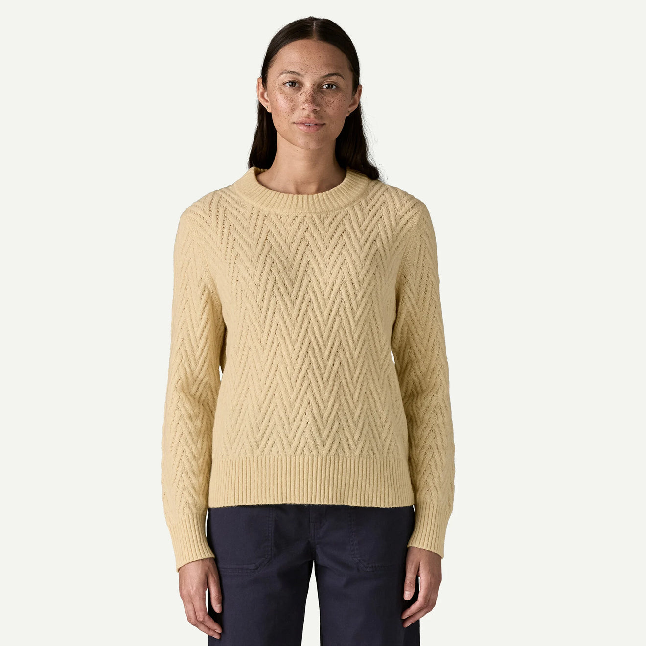 Patagonia Womens Recycled Wool-Blend Crewneck Sweater Chevron Cable Dark Natural - pam pam