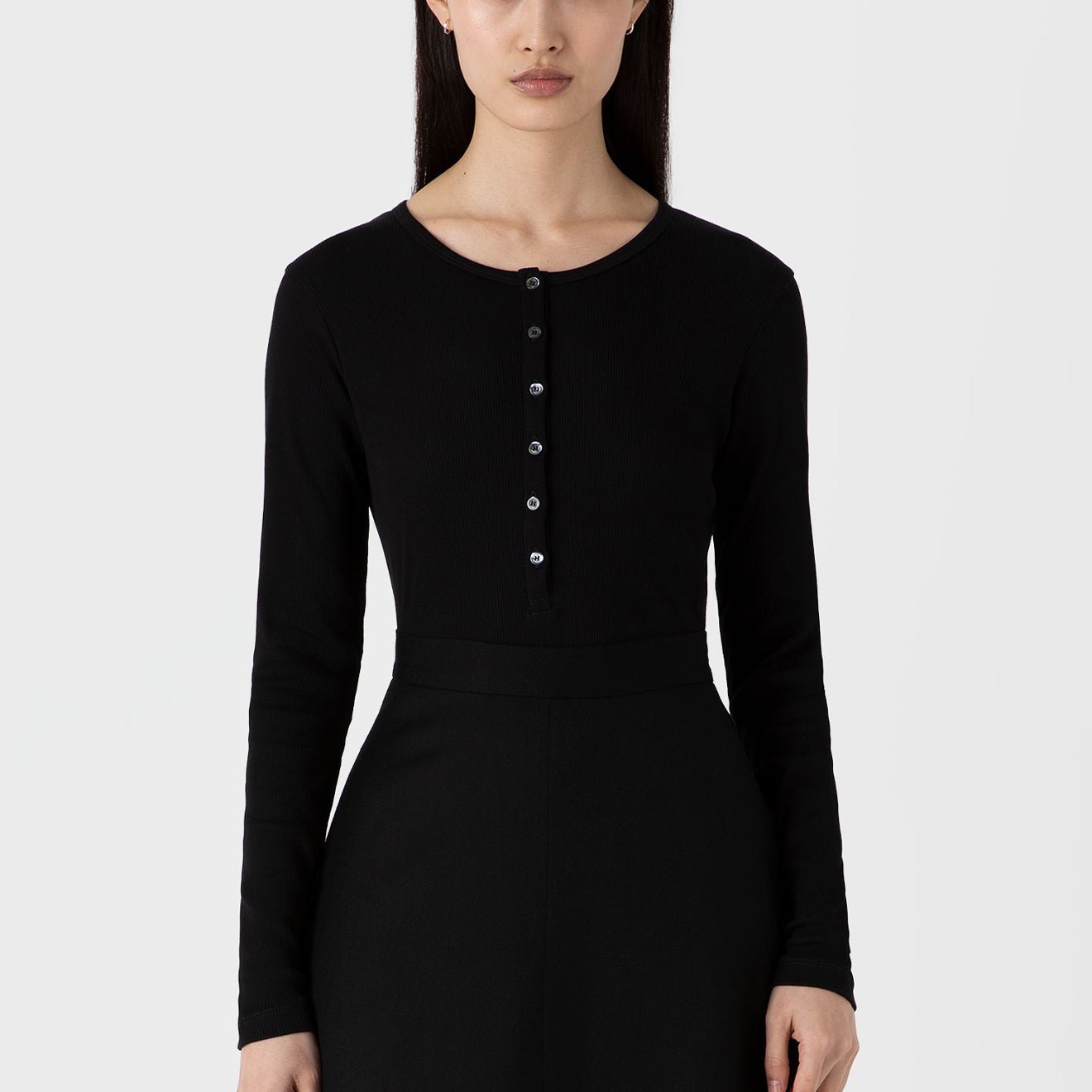 Sunspel Womens Rib Henley Black - pam pam