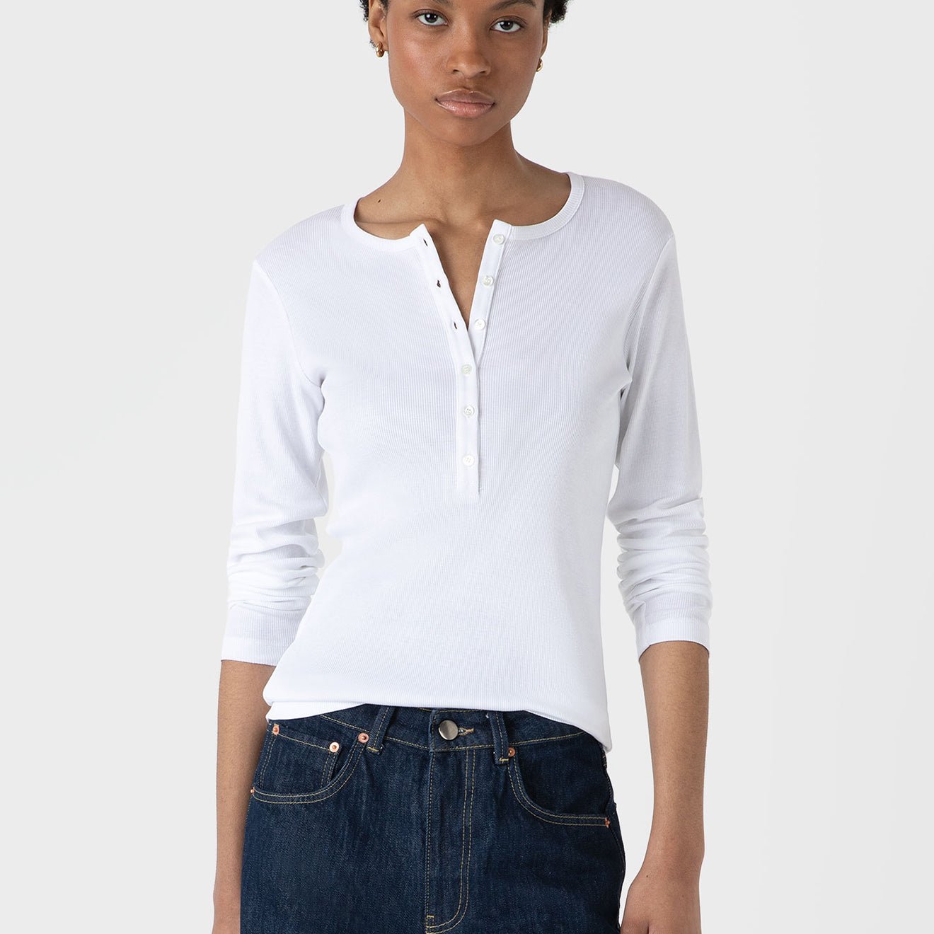 Sunspel Womens Rib Henley White - pam pam