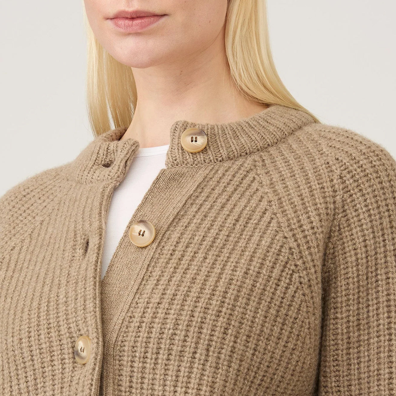 Sunspel Womens Ribbed Crew Neck Cardigan Mink