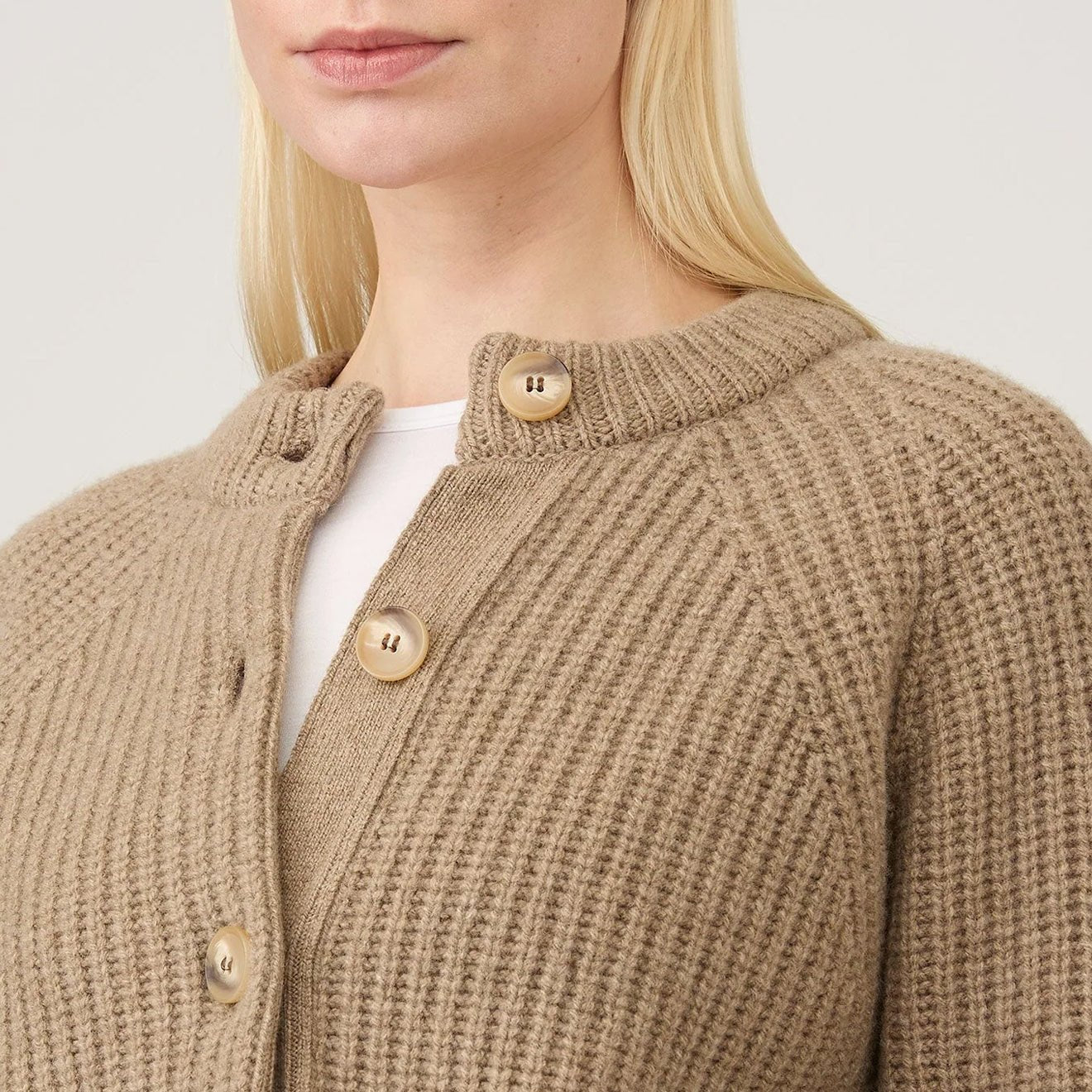 Sunspel Womens Ribbed Crew Neck Cardigan Mink - pam pam