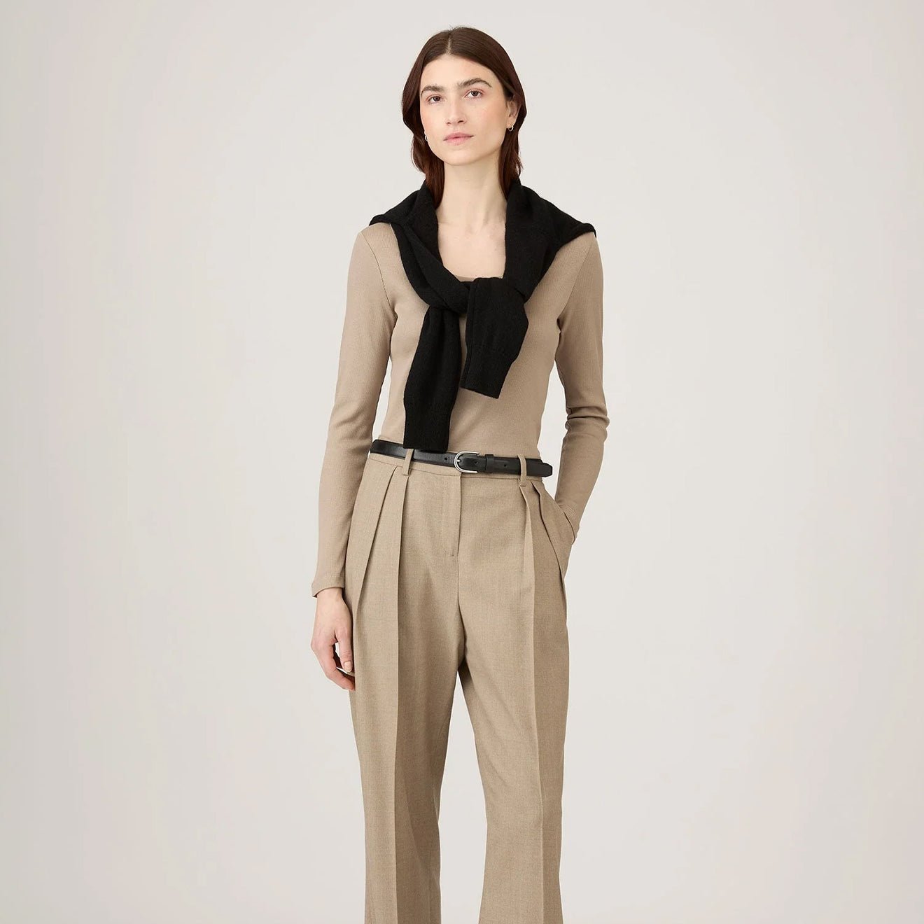 Sunspel Womens Rib L/S Scoop Neck Mink - pam pam