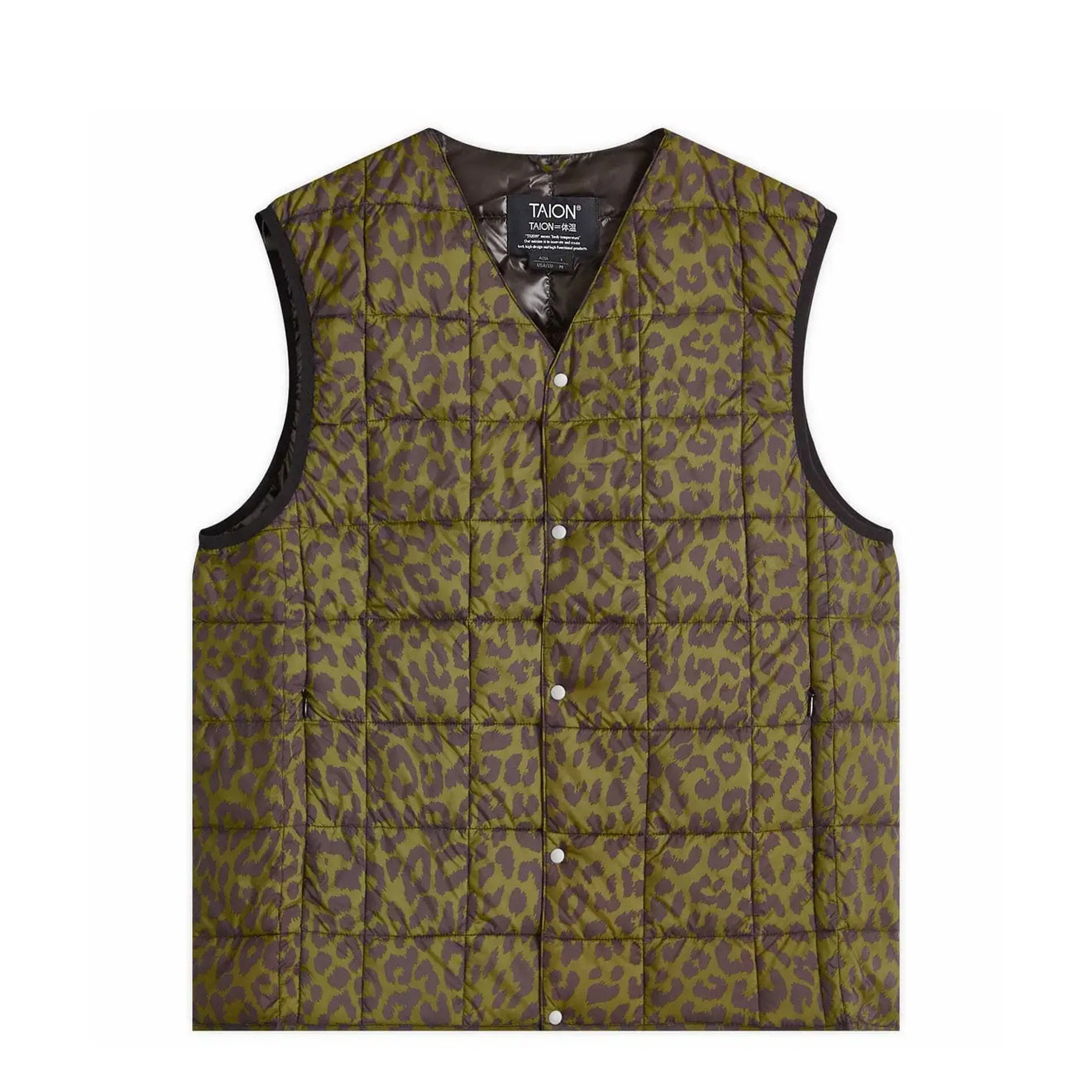 Taion Womens V-Neck Button Down Vest Khaki Leopard