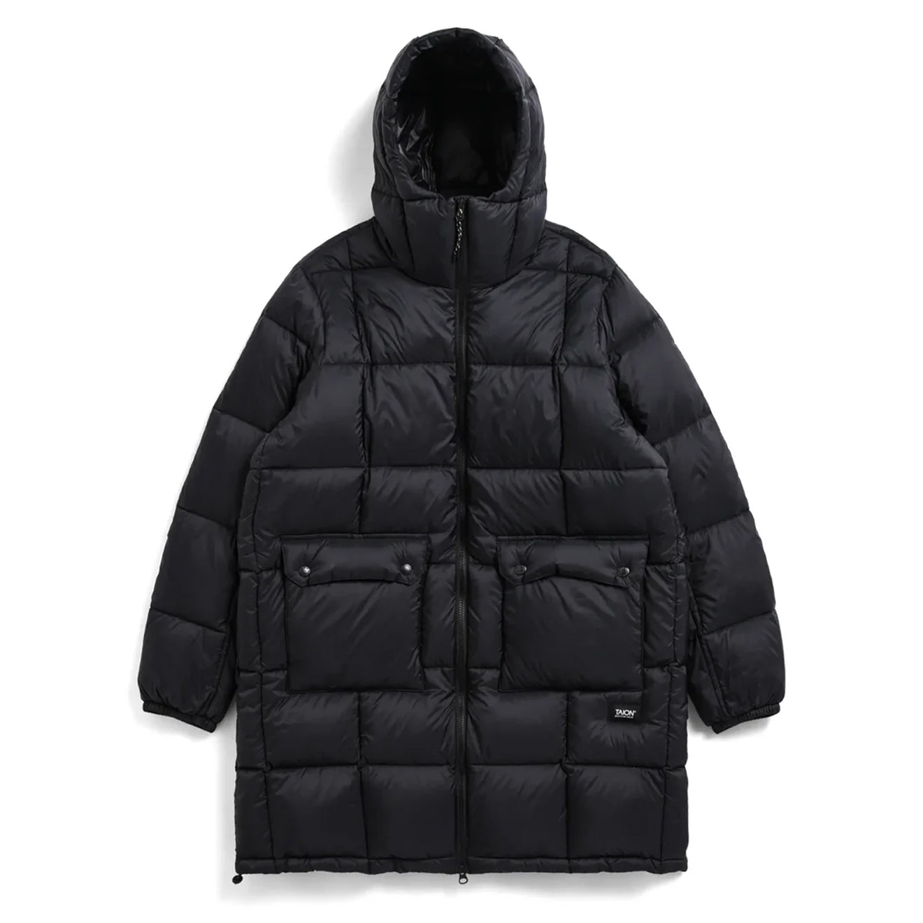Taion Womens Volume Hood Down Coat Long Outer Black | pam pam