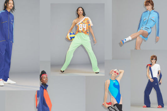 Lotta Volkova for adidas Originals collection, models in tracksuits, volleyball kit and swimwear against a pink grid backdrop