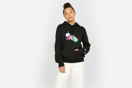 Black adidas Originals hoodie with a Squishee cup graphic from the Simpsons collection