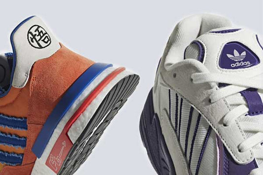 The Goku ZX 500 RM in orange suede with a kanji heel tab, beside the Frieza Yung-1 in white and purple