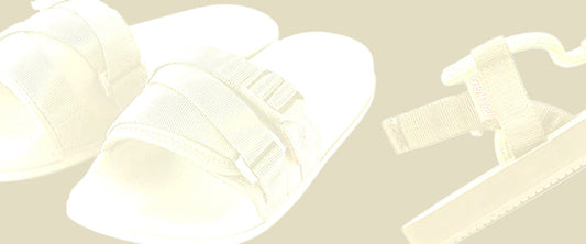 Two pairs of cream Gramicci sandals — a slide with webbing straps and a strap sandal with a ridged sole