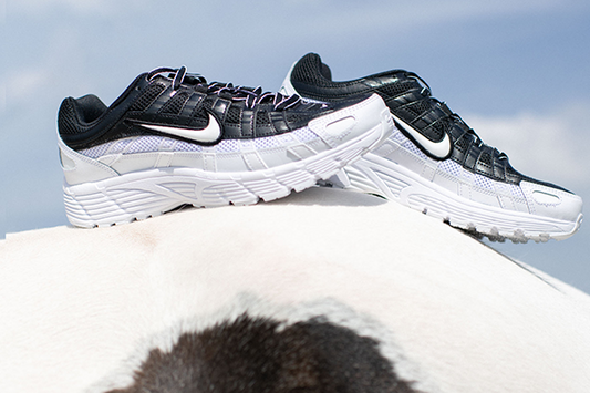 A pair of black and white Nike P-6000s resting on the back of a black and white horse against a blue sky, from our 2019 P-6000 campaign.