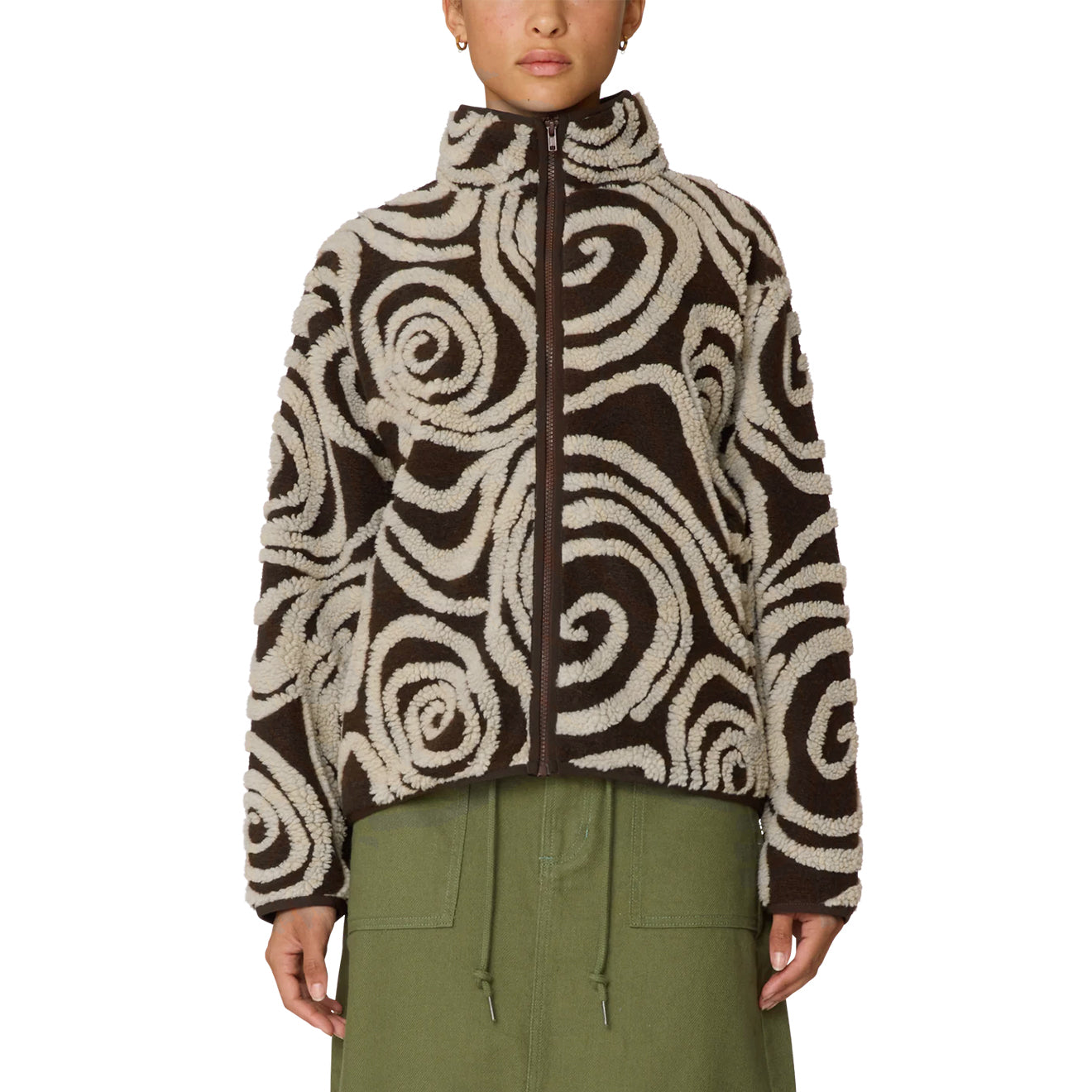 Obey Womens Swirls Jacquard Zip Jacket Brown Multi