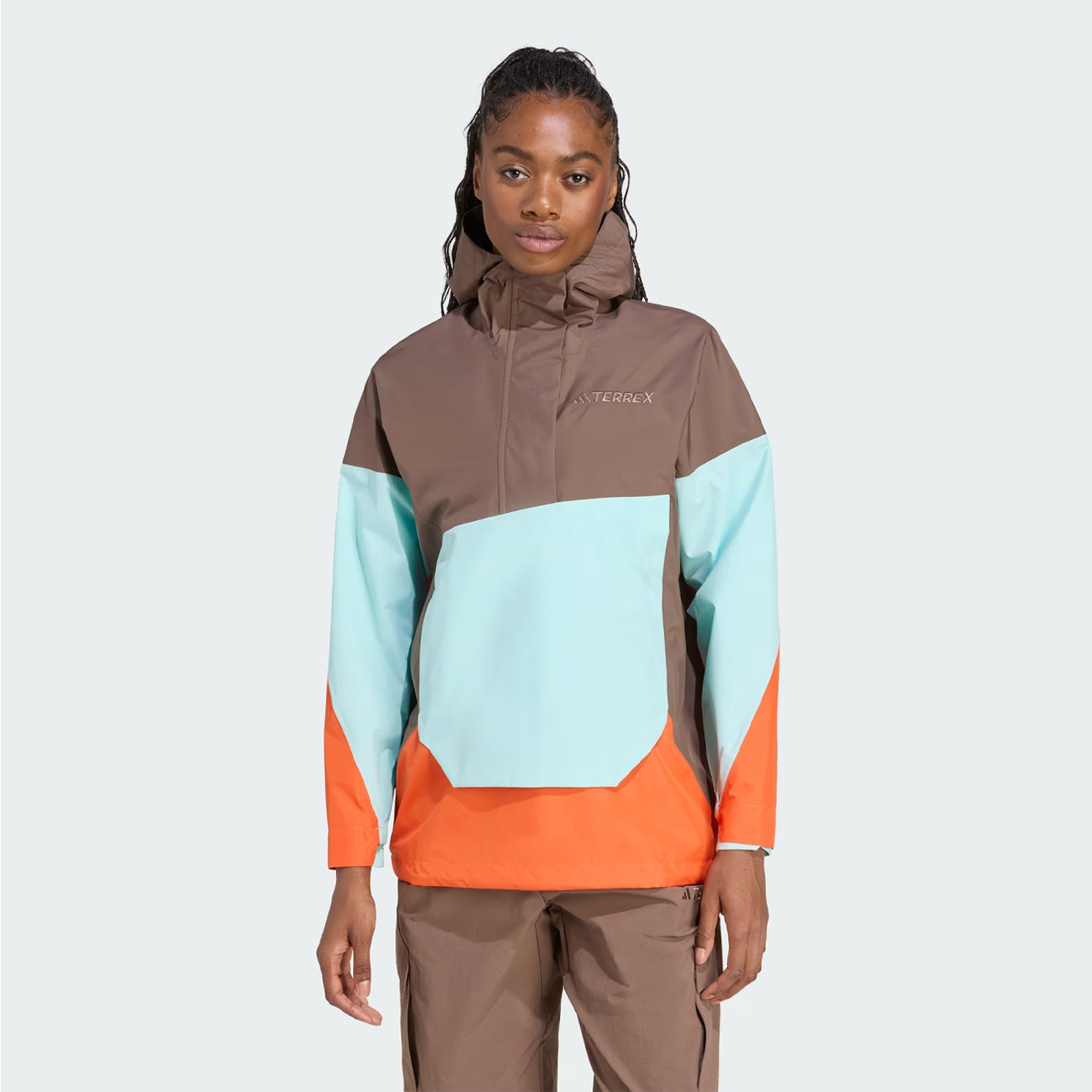 Adidas Terrex Womens Xploric 2.5L Climaproof Anorak Earth Strata / Semi Flash Aqua / Semi Impact Orange - pam pam 