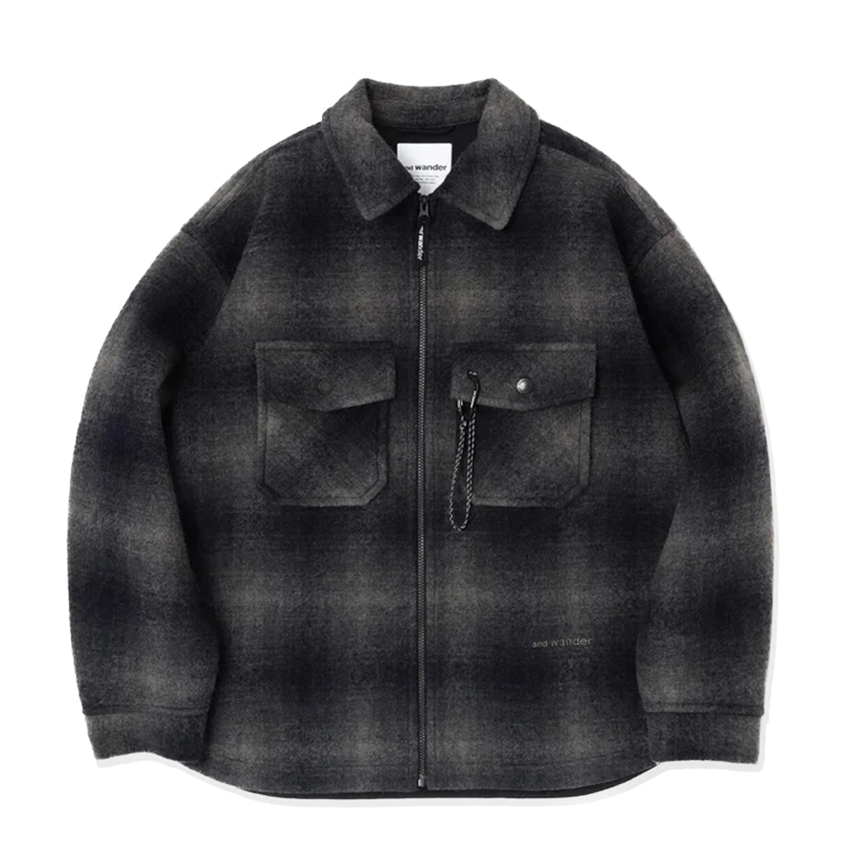 And Wander Wool Shaggy Check Zip Jacket Charcoal