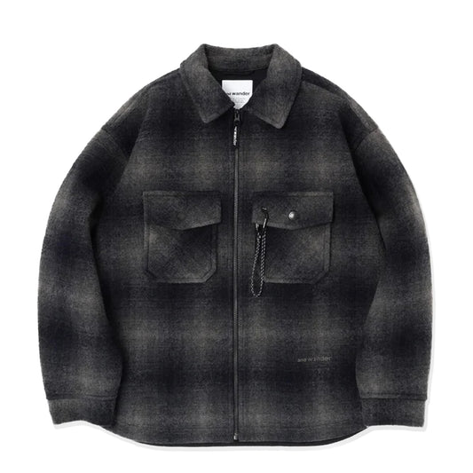 And Wander Wool Shaggy Check Zip Jacket Charcoal
