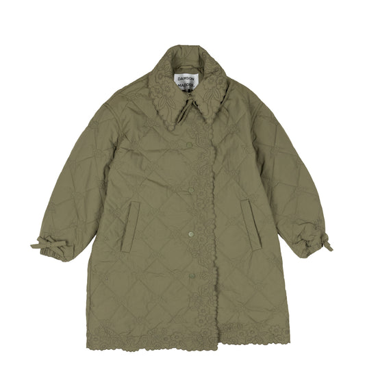 Damson Madder Avery Embroidered Quilted Coat Olive