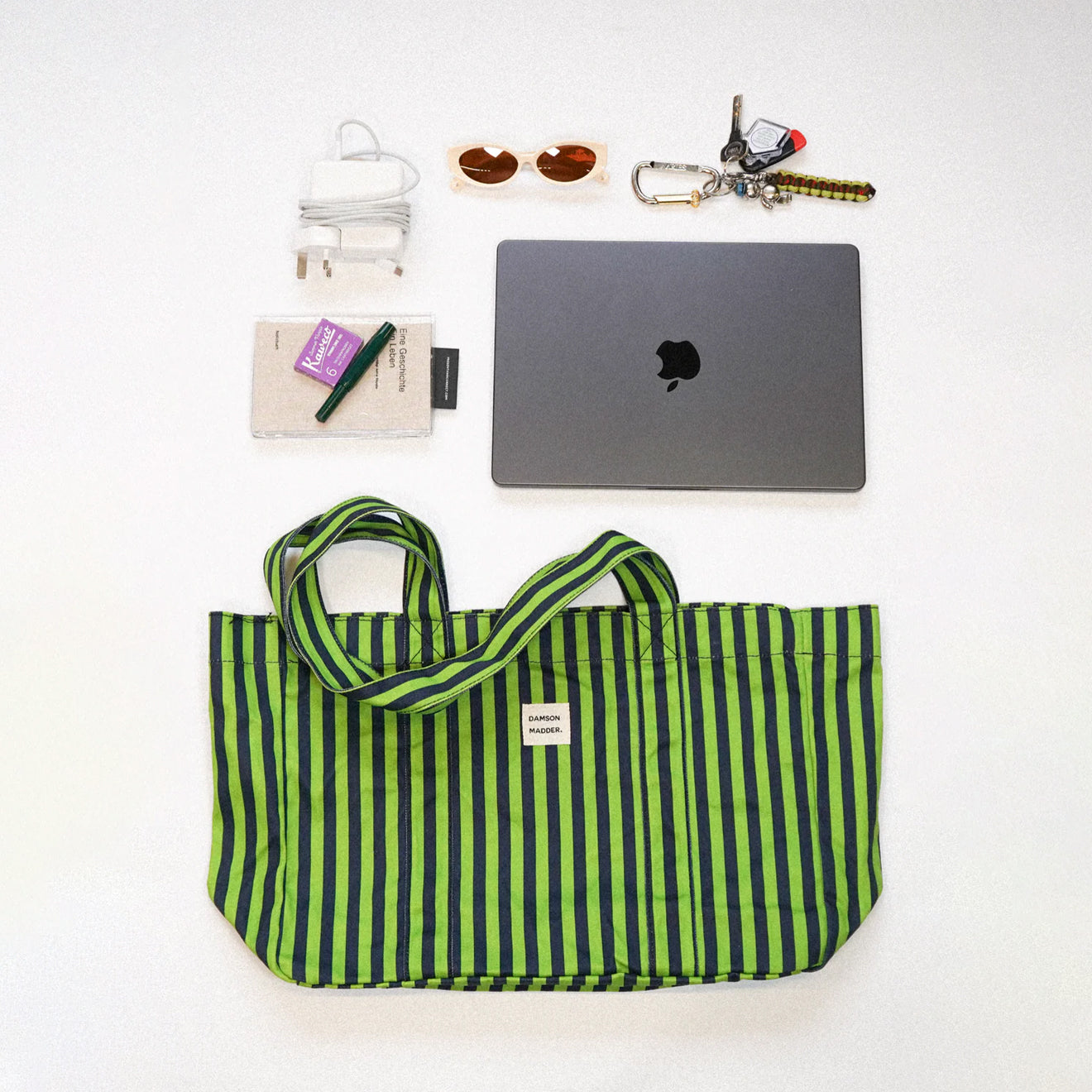 Damson Madder Canvas Tote Navy Lime Stripe