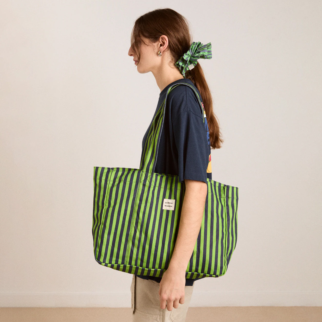 Damson Madder Canvas Tote Navy Lime Stripe