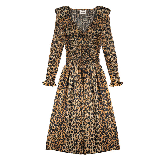 Damson Madder Harper Shirred Midi Dress Leopard