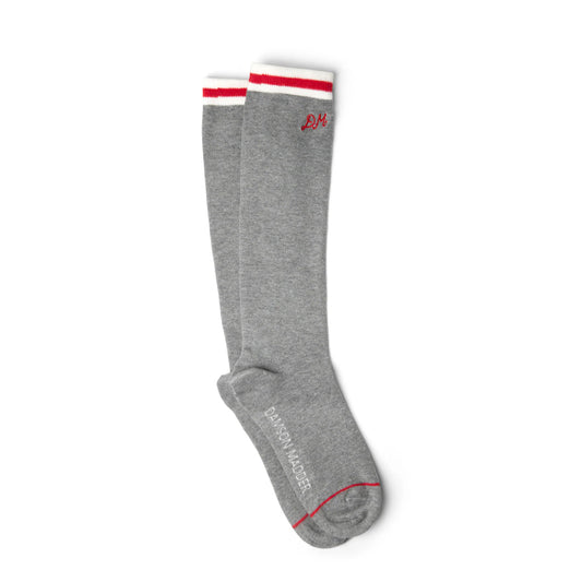 Damson Madder High Knee Socks Grey Marl With Red Stripe - pam pam