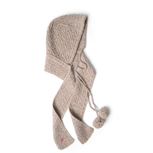 Damson Madder Hooded Pom Pom Scarf Oatmeal Marl