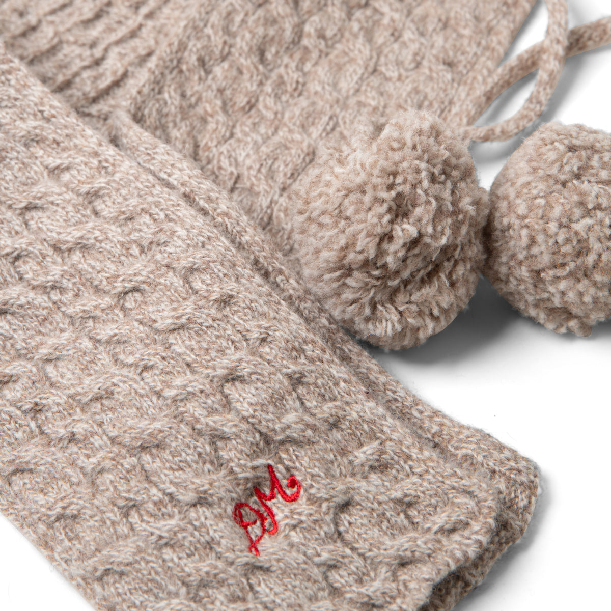 Damson Madder Hooded Pom Pom Scarf Oatmeal Marl