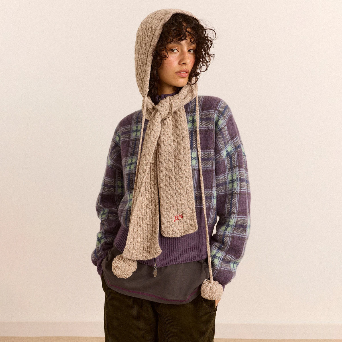 Damson Madder Hooded Pom Pom Scarf Oatmeal Marl