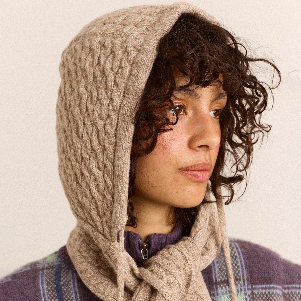 Damson Madder Hooded Pom Pom Scarf Oatmeal Marl