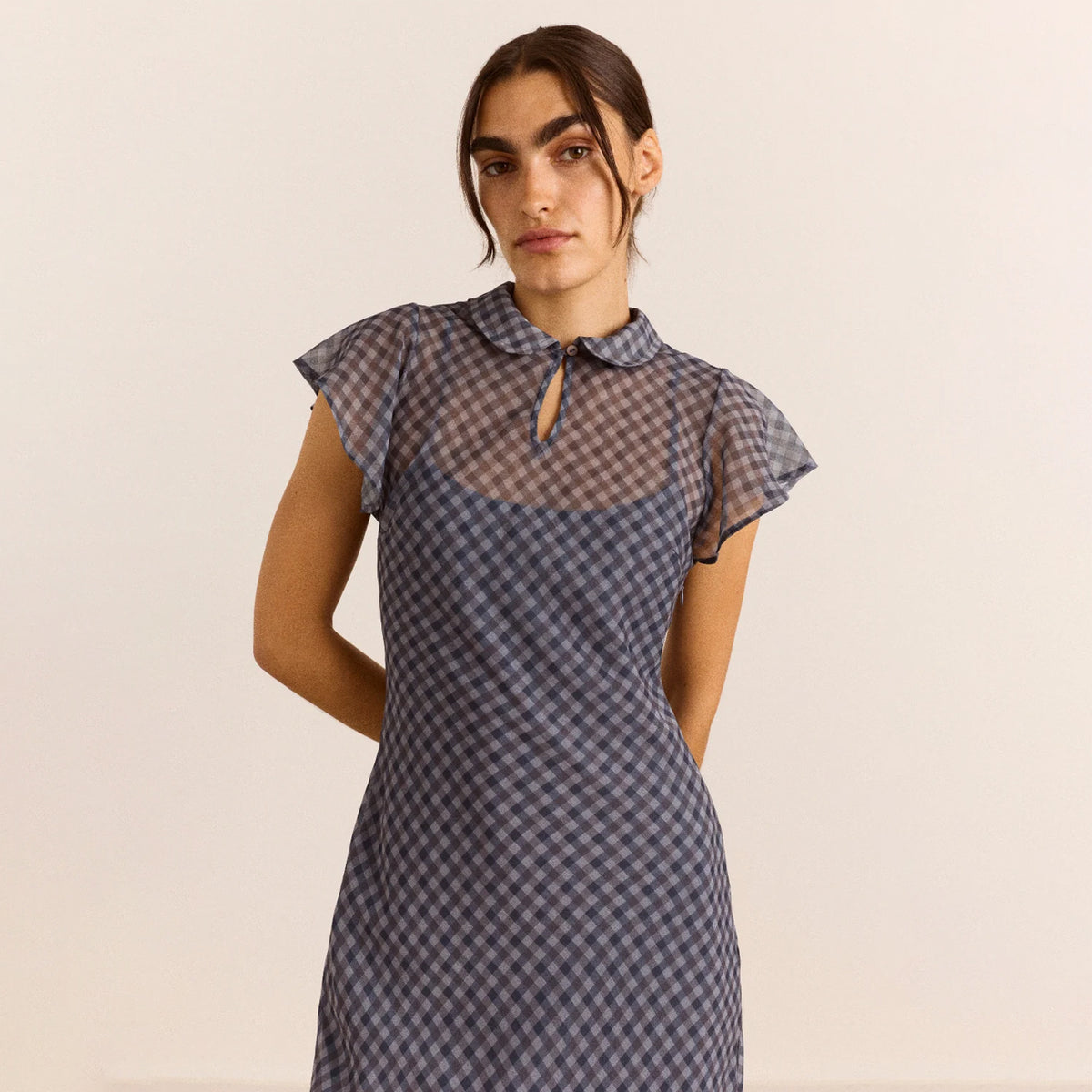 Damson Madder Hudson Sheer Midi Dress Willow Gingham / Blue Grey