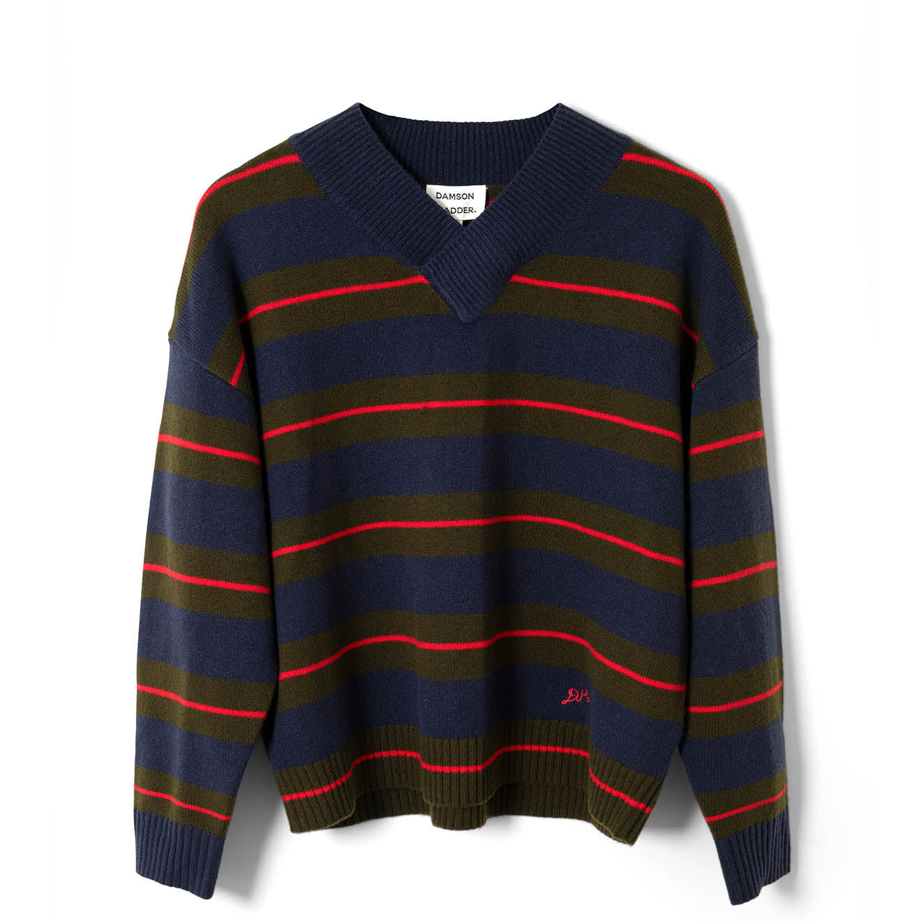 Damson Madder Odette V Neck Jumper Olive / Navy Stripe - pam pam 
