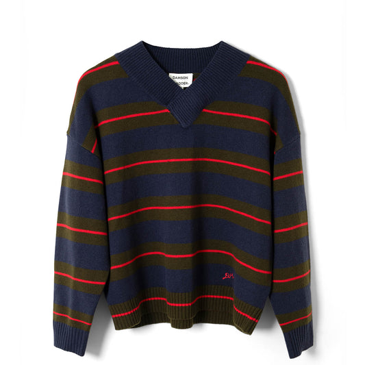 Damson Madder Odette V Neck Jumper Olive / Navy Stripe - pam pam
