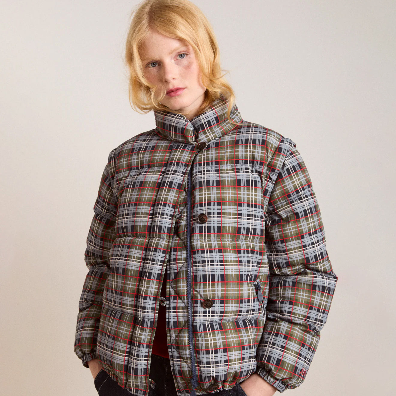 Damson Madder Pearl Hooded Puffer Multi Check - pam pam 